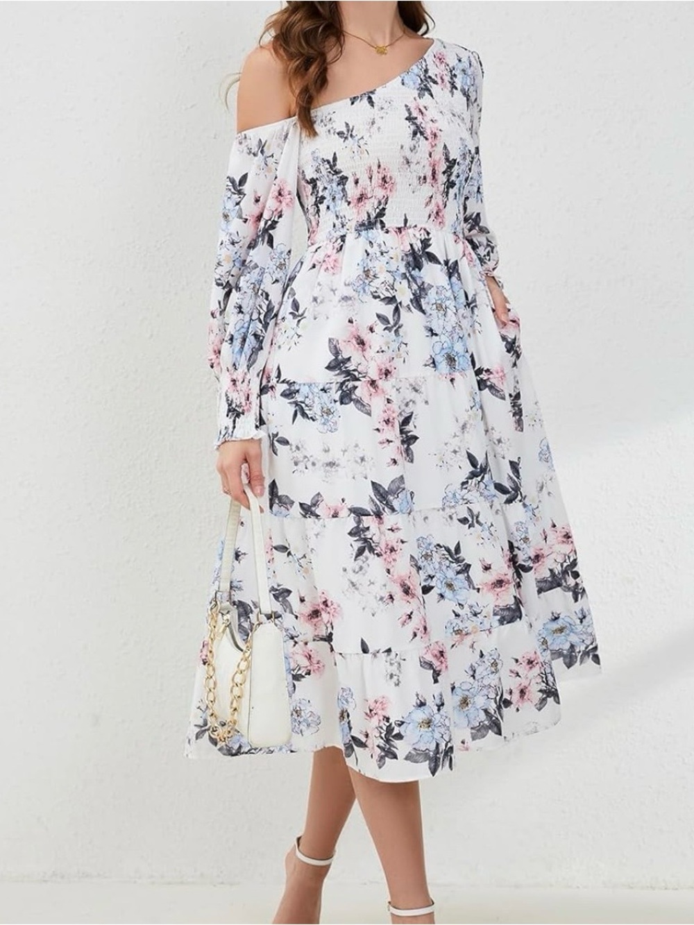 Amazon White Midi Dress with Pink & Blue Floral Print